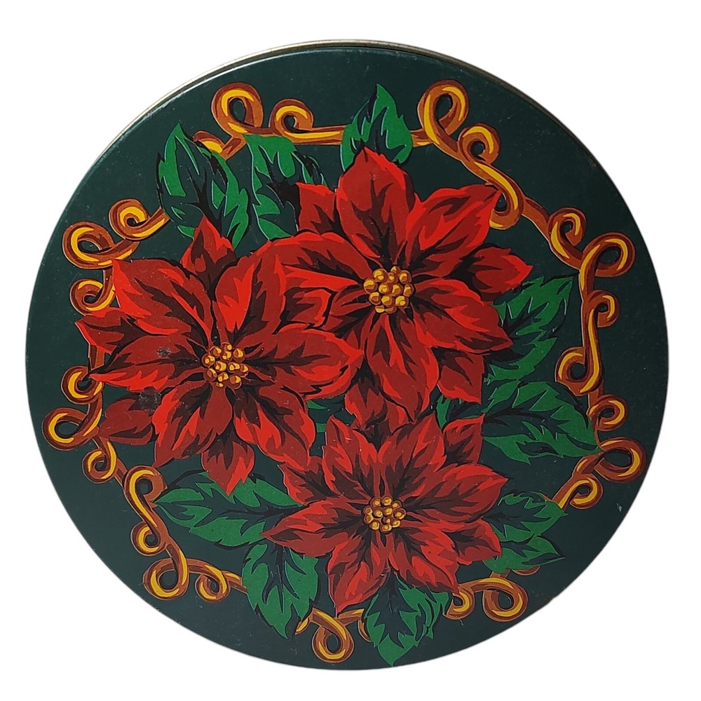 Vintage Poinsettia Dark Green Tin Round‎ Gold Border Decorative 6.5 In SEE